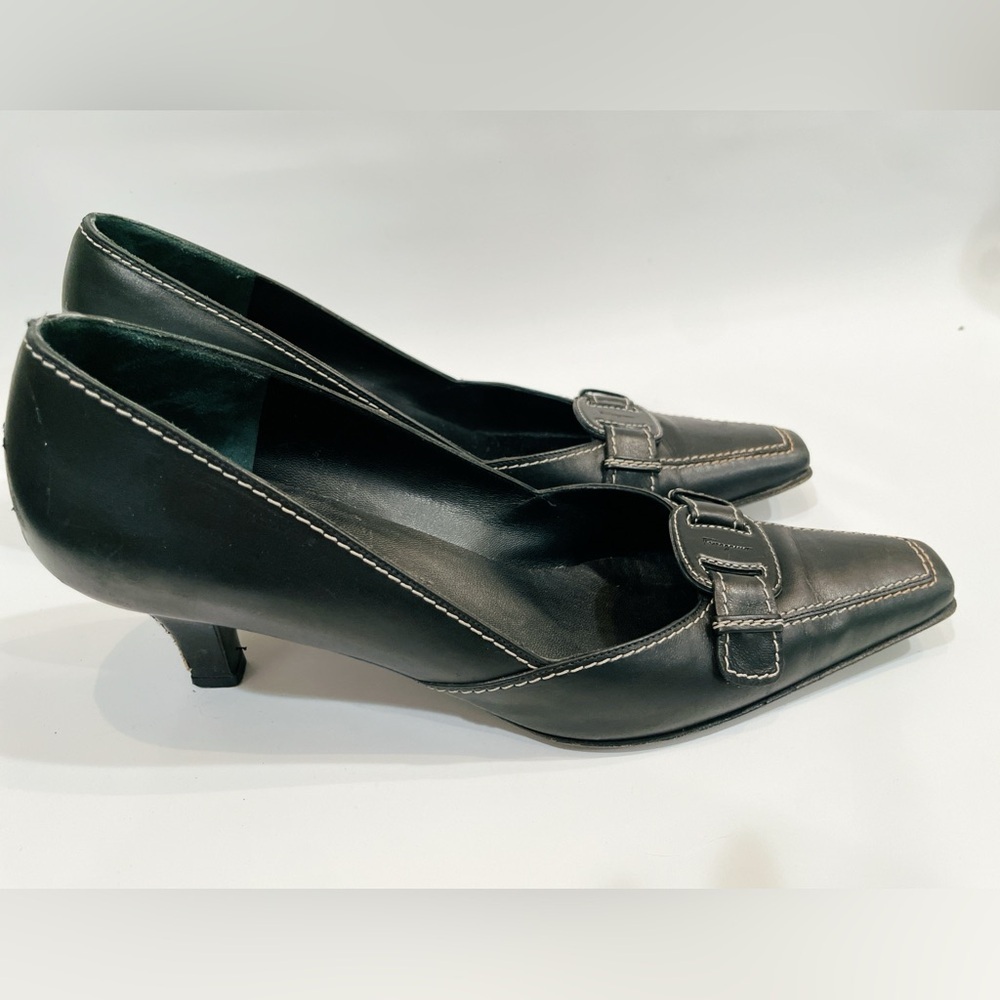 Salvatore Ferragamo Black Square Toes Ivory Stitching Leather Heeled Pumps 8.5 - Picture 12 of 12